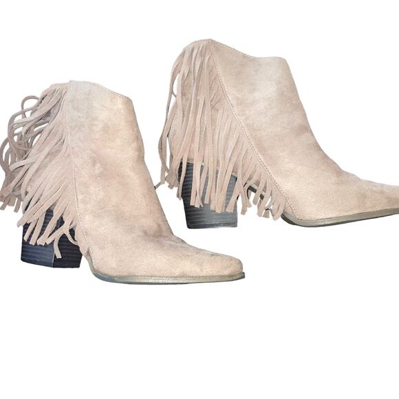 Candie’s Shoes - Candies Women's Suede Fringe Ankle Boots Tan 9 Block Heel Boho Western